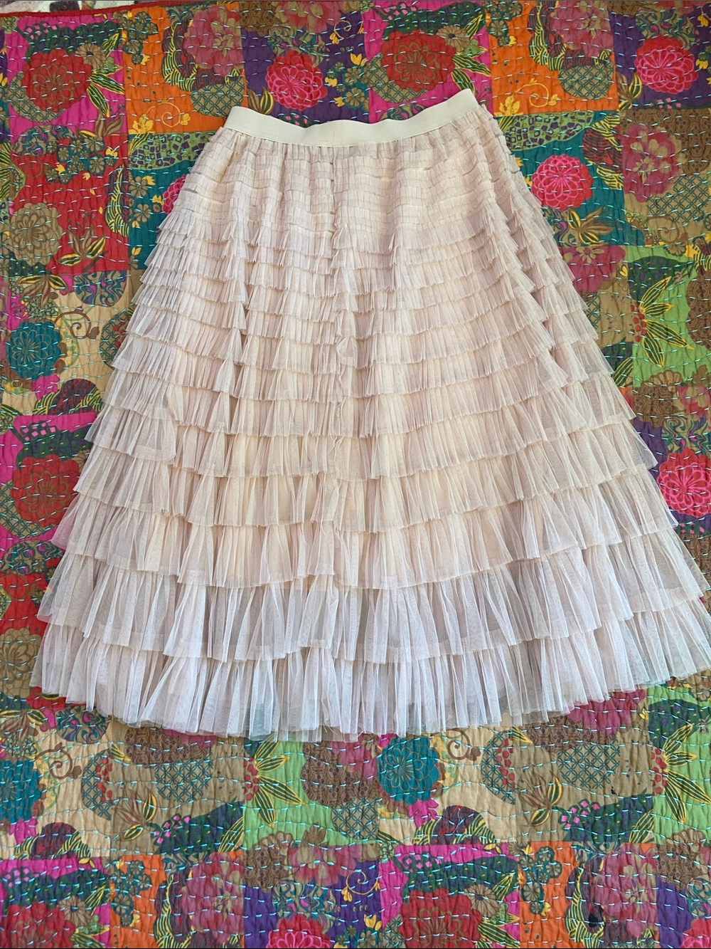 Tiered Ruffle Tulle Midi Skirt in Pale Blush Pink XL